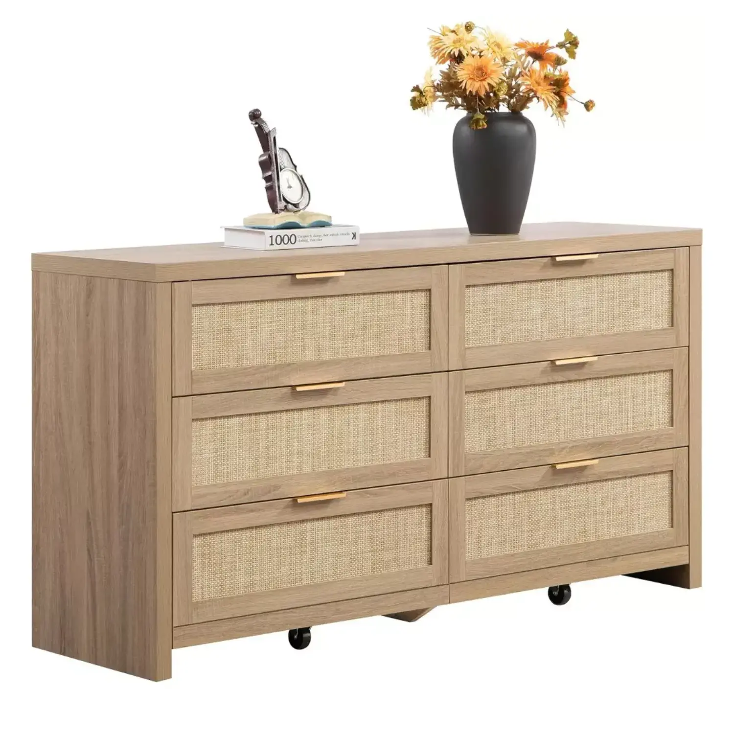 Rattan 6-Drawer Dresser - 57" Wide Boho Accent Storage Cabinet, Bedroom Cabinet, Indoor Storage Furniture, Multi-Drawer Organizer for Bedroom or Living Room TV Stand