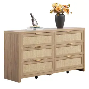 Rattan 6 Drawer Dresser, 57" Wide Boho Wooden Storage Chest, TV Stand for Bedroom or Living Room