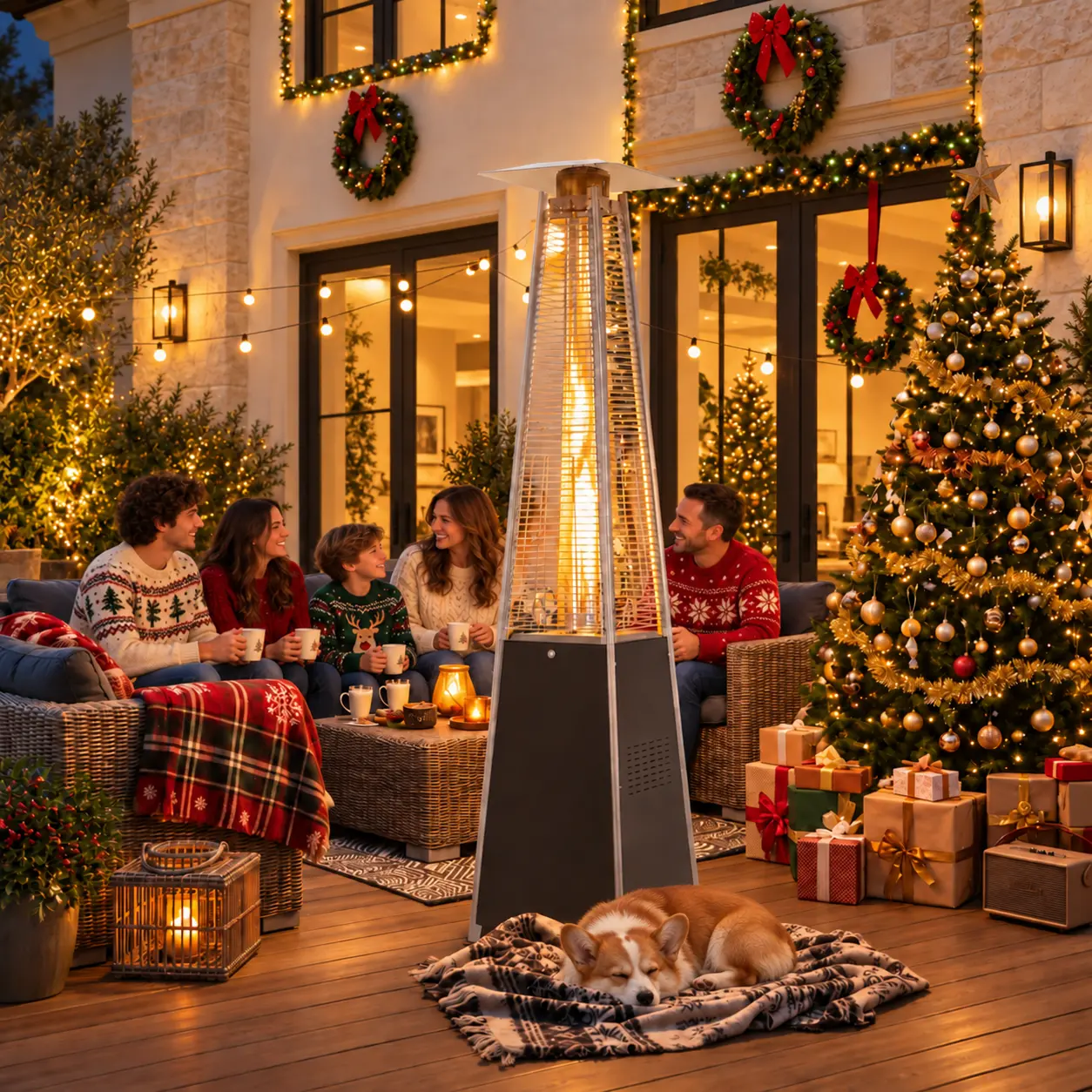 Aoxun 48,000 BTU Deck-Patio Outdoor Tower Heater - 87-Inch Portable Standing Fire Pit with Glass Flame, Wheels for Winter Gatherings
