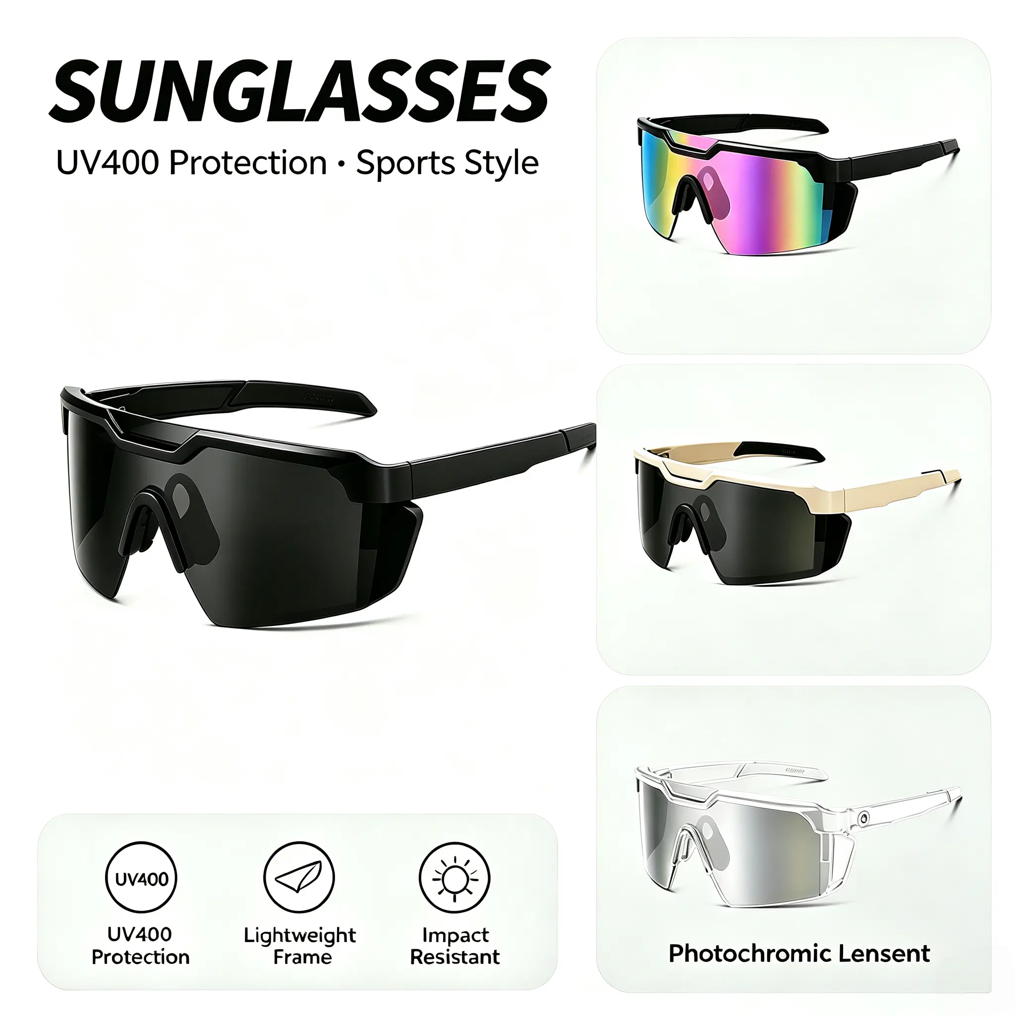 UV400 Sports Sunglasses for Men Women, ANSI Z87+ Certified Multi-Color Mirrored & Photochromic Wrap Cycling Glasses
