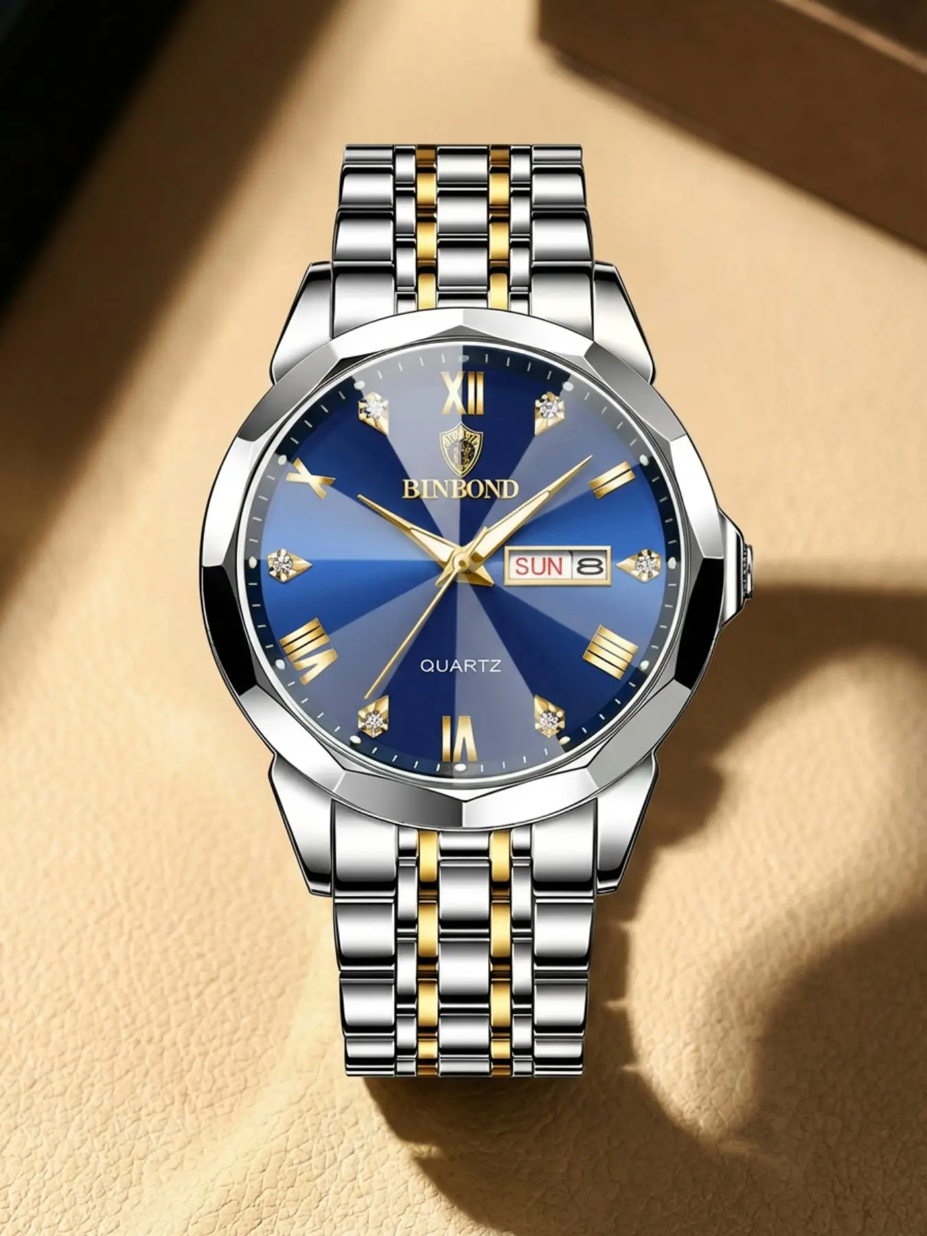 Men's Stainless Steel Quartz Watch with Blue Dial Gold Band and Roman Numerals Dual Calendar Elegant Fashion Casual Business Watch for Students