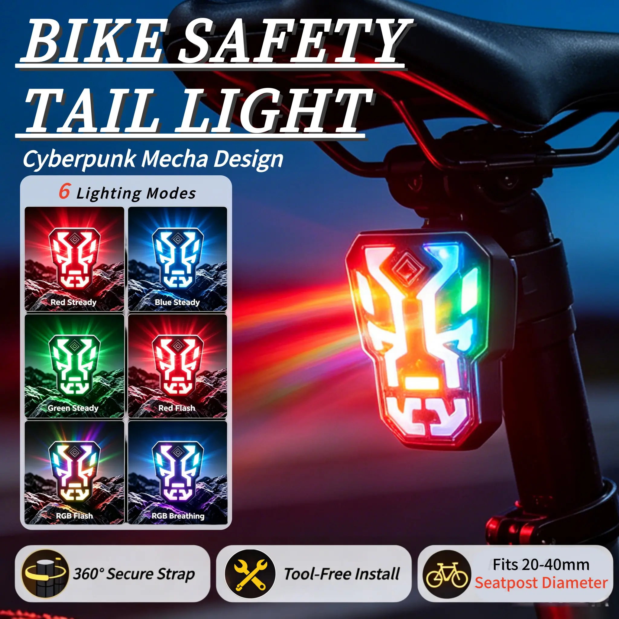 1/2pcs Portable Waterproof Bike Tail Light LED Rechargeable Rear Bicycle Light Cyberpunk Mech Design Ultra Bright Safety Light with 6 Lighting Models Bike Accessories Suitable for Night Riding, MTB Road Bike Backpack Visibility Warning Lamp
