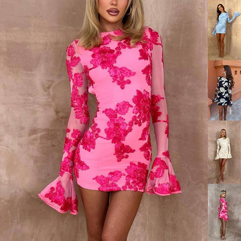 Flowers Bell-sleeved Dress Fashion Sexy Slim Long-sleeved Mesh Dresses For Party Club Women Clothing Flowers Bell-sleeved Dress Fashion Sexy Slim Long-sleeved Mesh Dresses For Party Club Women Clothing