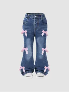 Girls' Sweet Bow Decor Blue Washed Denim Bell Bottoms, Flared Jeans, Elastic Fit Jeans for Daily Wear, Perfect for Festive Parties