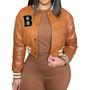 Plus Size Letter Print Faux Leather Bomber Jacket with Stand Collar, Long Sleeve Cropped Jacket