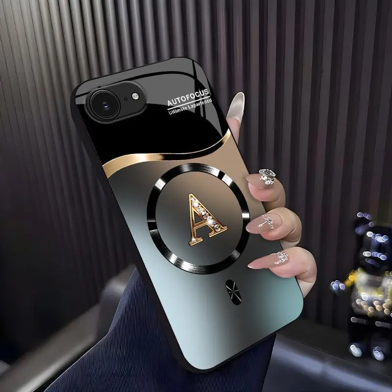 Suitable for [iPhone 16e] high-end MagSafe phone case🥰, Features a magnetic attachment function Luxury Gradient Metallic Bling Rhinestone 26 Initial 952