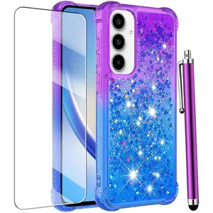 for  Galaxy A15 5G Case with Screen Protector, Women Girls Glitter Bling Liquid Floating Cute Phone Case Soft TPU Slim  Shockproof Protective for  A15 5G - Blue Purple