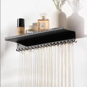 Necklace Holder Wall Hanging Organizer: Wall Mounted Jewelry Shelf with 56 Hooks and Tray, Display Hanger for Kids, Girls and Women