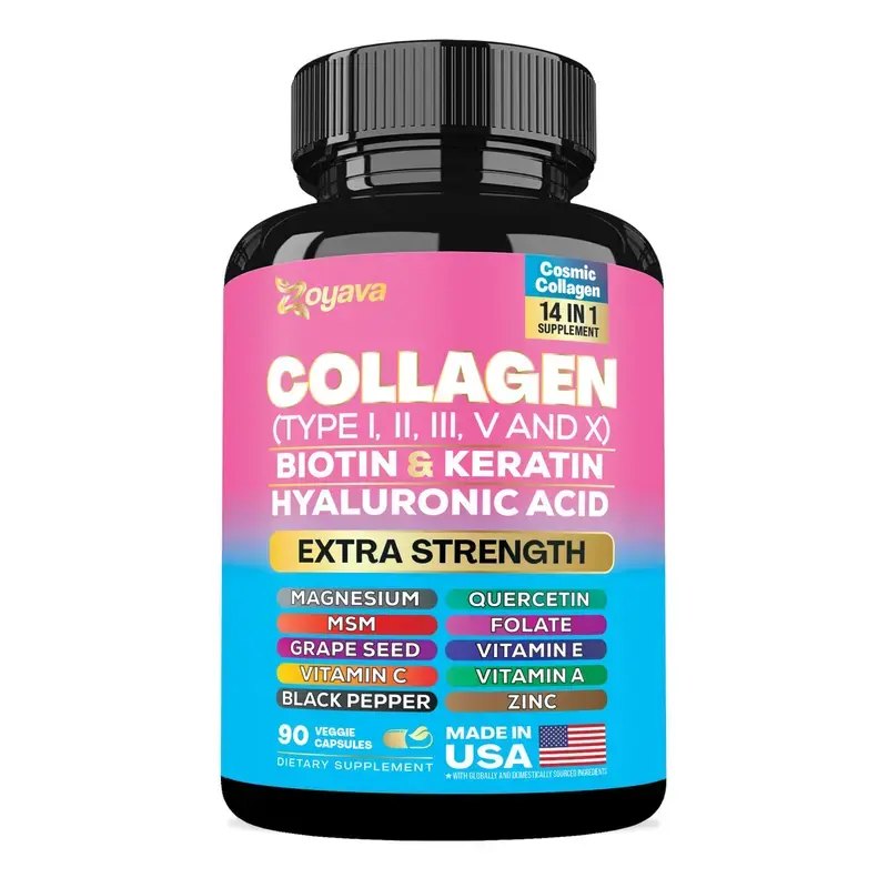 Zoyava Hydrolyzed Multi Collagen Peptides Capsules 5 Types I II III V X, Extra Strength Complex with Biotin Keratin Hyaluronic Acid & 13+ Nutrients, Hair Skin Nails & Joint Support Beauty Wellness Supplement for Women Men, 90 Capsules Made in USA Edible