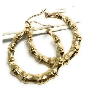 10k Solid Gold Yellow Bamboo Hoop Earrings 0.5-1.5 INCH Arracadas