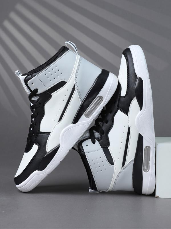 High Top Men's Stylish Basketball Shoes, Casual, Comfortable Breathable Lace-Up, Air Cushion Sole, Patchwork Design, PU Leather, All Seasons
