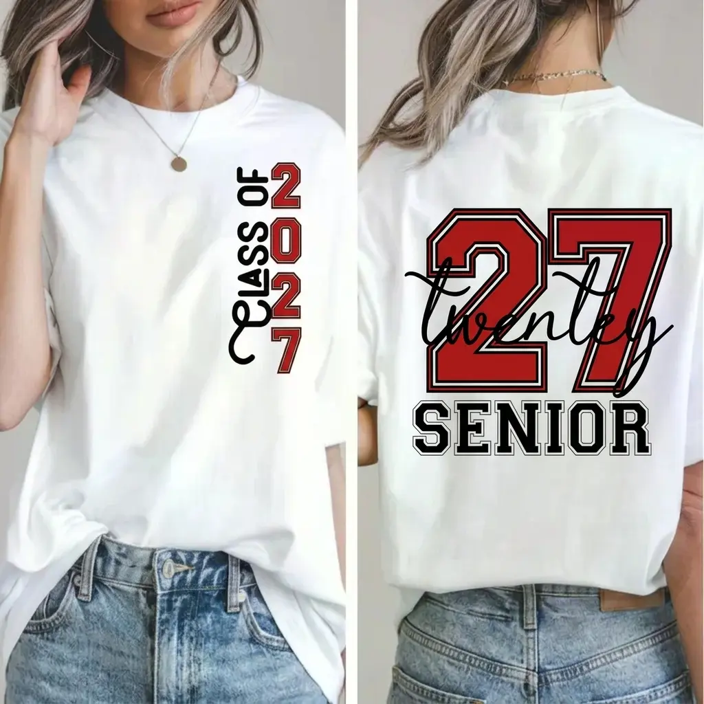 Class of 2027 Senior Twenty Seven School Theme White Graphic T-Shirt, Graduation Apparel, Humorous Garment for the Final Week of the Academic Year