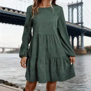 New Arrival Cross Border Fall Winter Corduroy Long Sleeve Solid Color Round Neck Dress for Women Casual Womenswear Basic Crewneck Green Minimalist