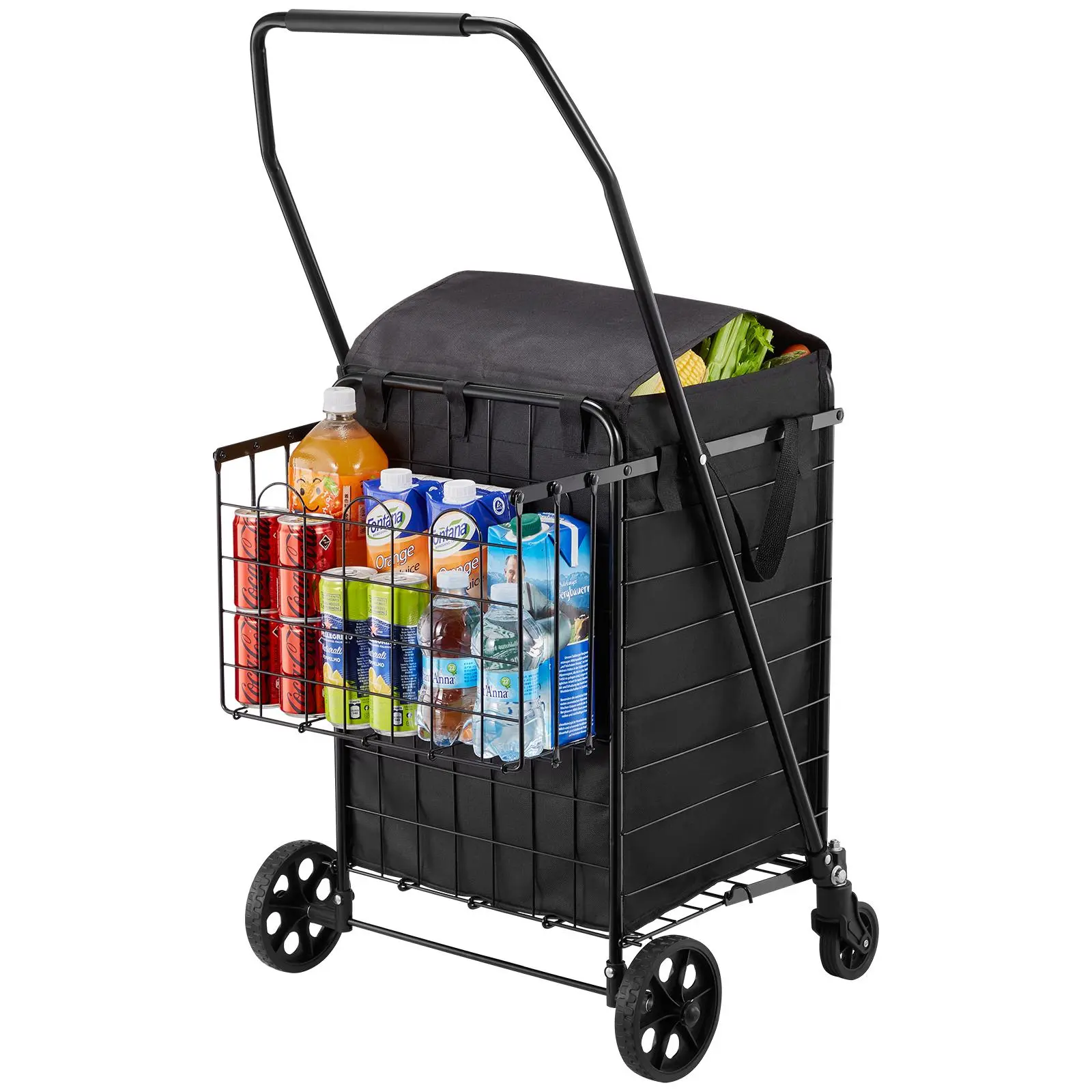 【Father's Day Gift】Collapsible Dual-Compartment Portable Utility Cart, Folding Grocery Cart with Dual Baskets, Waterproof Liner & Wheels, 100 LBS Large Load Capacity Heavy Duty Holder for Grocery, Camping, Collapsible Utility Carts, Dual-Compartment Utili