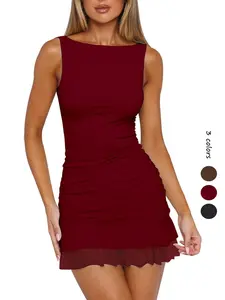 Women's Sexy Mesh Ruched Bodycon Slim Boat Neck Mini Dress, Sleeveless Pleated Hem, Club Party Short Gown, Fashion Cut Out Design, Elegant