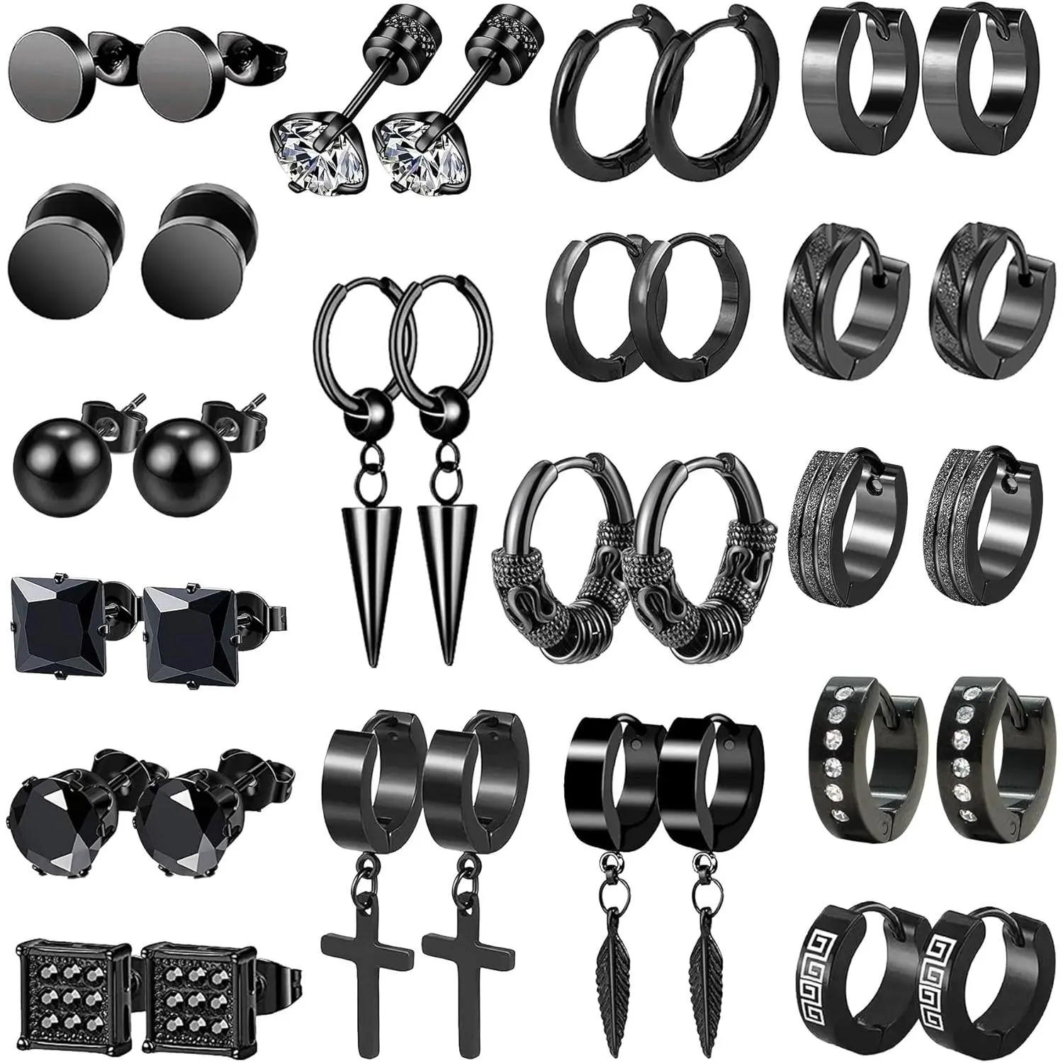 Men's Earrings Set - 18 Pairs Black Metal Ear Studs, Studded Cross, Dangle, Hoop Earrings, Stainless Steel Fashion Piercing Jewelry, Studded Cross Earrings, Cross Piercing Earrings