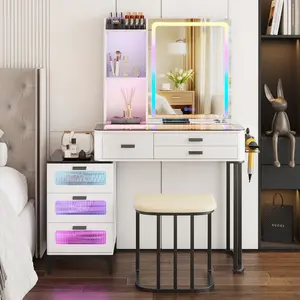 Vlsrka Makeup Vanity Desk with Mirror Lights: Vanity Table with Wireless Charging Station Mobile Dressing Table with Glass Top Design & Hair Dryer Holder Girls Grey Vanity Gift for Bedroom,