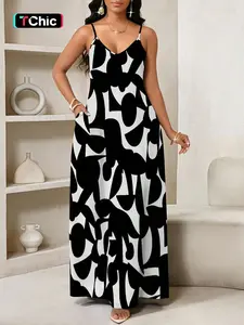 Women's Abstract Print Dress, V Neck, Spaghetti Strap, Side Pocket, Lightweight Breathable Fabric, Summer Casual & Vacation Wear, Elegant Modern Art Style