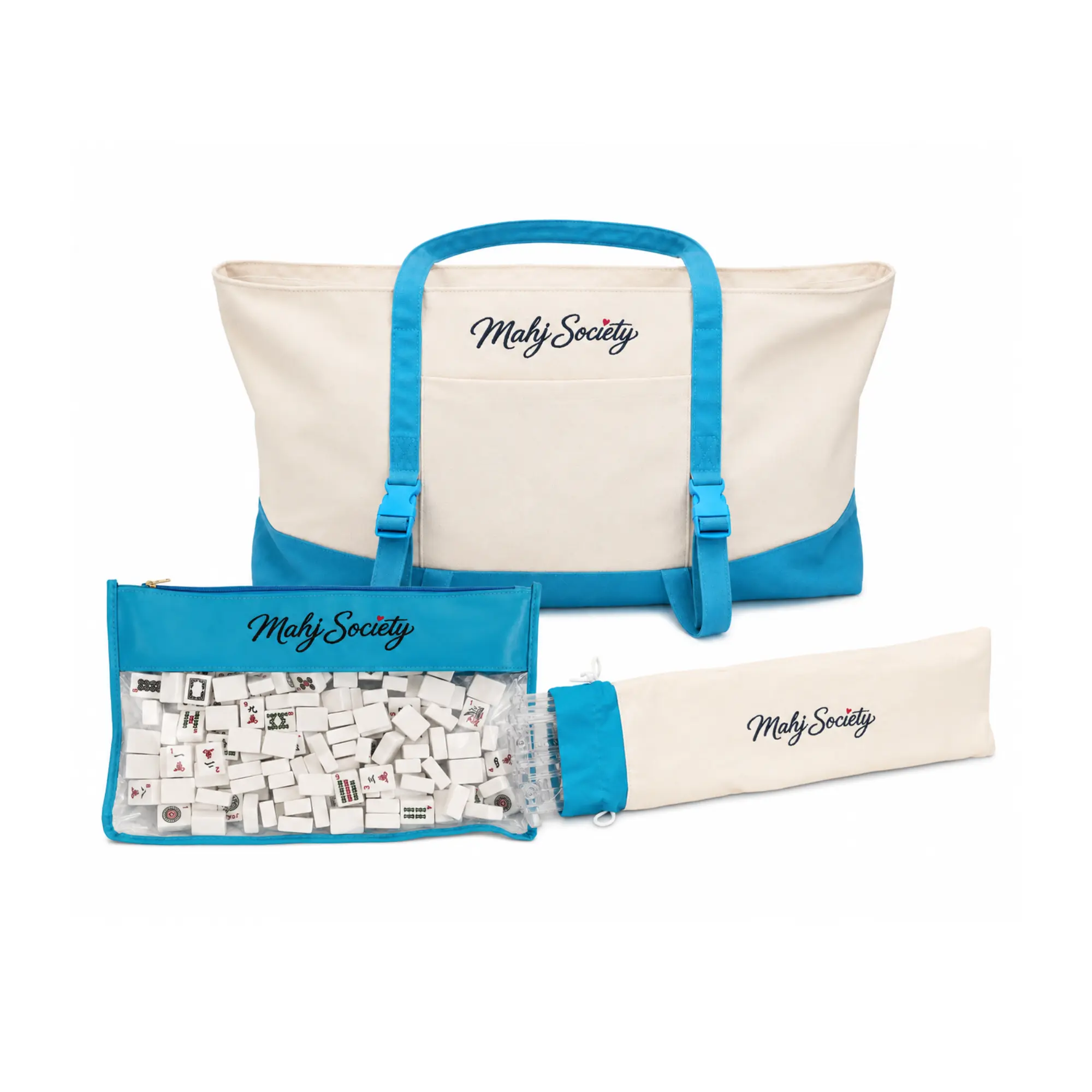 Mahj Society 3-Piece Premium Mahjong Bag Set | Canvas Tote, Tile Bag & Rack Sleeve | Luxury Mahjong Travel Storage