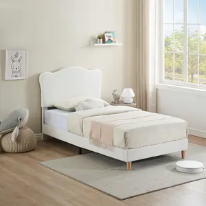 Garvee Elegant Upholstered Platform Bed Frame with Boucle Soft Headboard, Plain Wood Slats, No Box Spring Needed, Easy Assembly, Cream White Style, Twin Size