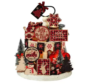 17 Pcs Christmas Tiered Tray Decor Red and Black Buffalo Plaid Wood Signs Farmhouse Rustic Christmas Table Decorations Centerpieces Wooden Blocks for Xmas Winter Home Winter Party Decor