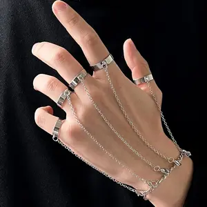Jewelry: Popular personalized disco chain combination ring, creative punk open joint index finger ring Adjustable Heart Rate Couples Bracelet Set