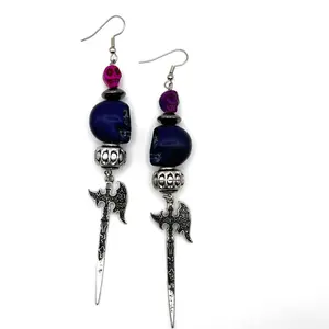Pirates of the Caribbean Earrings with Blue Beads and Silver Sword Charms for Movie Fans