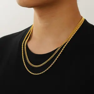 Layered Chain Necklaces for Men, 2Pcs Stainless Steel Cuban Chain/Rope Chain Christmas Jewelry Gifts, 18/20, 20/22, 22/24 Inches