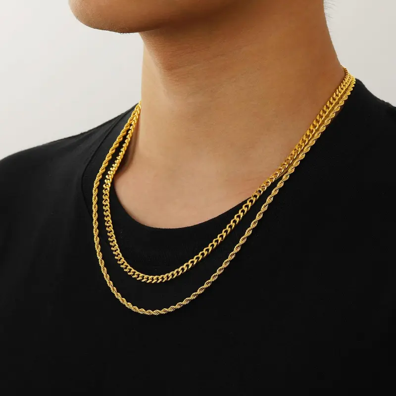 Layered Chain Necklaces for Men, 2Pcs Stainless Steel Cuban Chain/Rope Chain Christmas Jewelry Gifts, 18/20, 20/22, 22/24 Inches