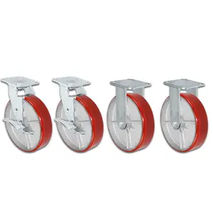 8" X 2" Swivel Caster Heavy Duty Red Polyurethane Wheel on Steel Hub with Brakes (2) and Fixed (2) 5,000 lbs Per Set of 4 Tool Box Casters - CasterHQ Brand (8")