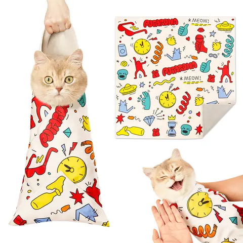 2-Pack High-Quality Fabric Cat Grooming Restraint Wrap, Flexible Self-Adhesive Colorfast Swaddle Blanket for 10lb Cats’ Claw Care & Ear & Eye Care Aid, Anti-Scratch, 2 Sizes (13.8×13.8in & 21.7×21.7in)