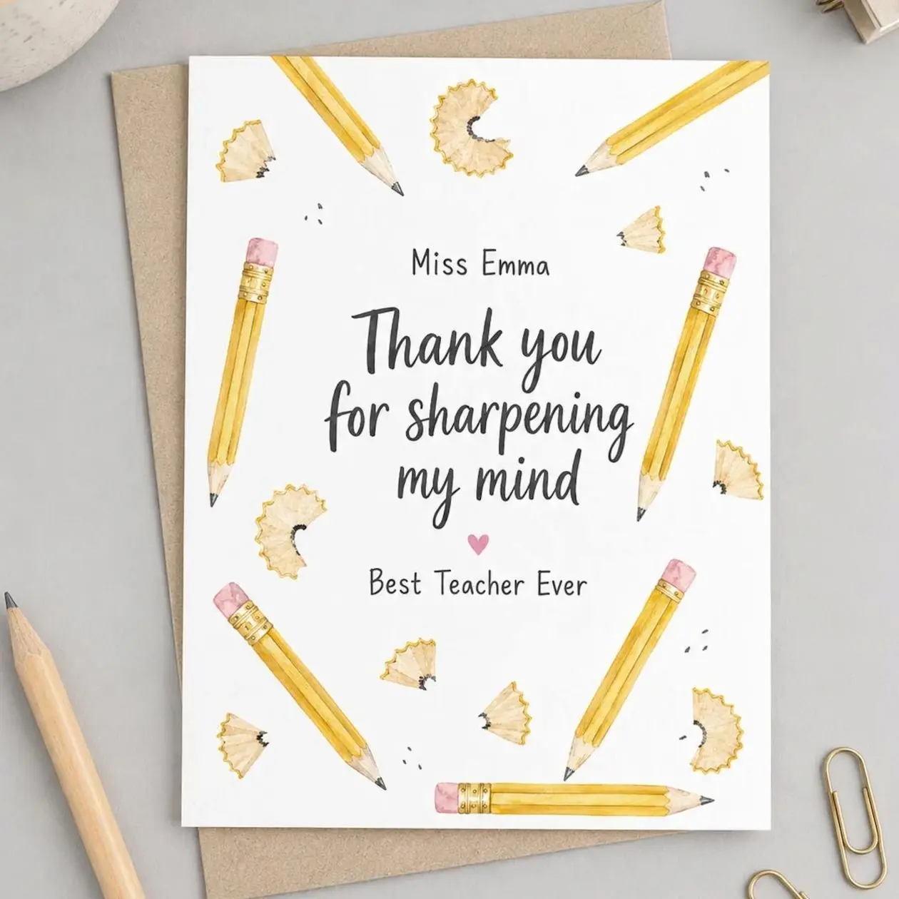 Personalized Teacher Thank You Card, Pencil Teacher Appreciation Card, End of School Year Gift, Custom Teacher Name Card