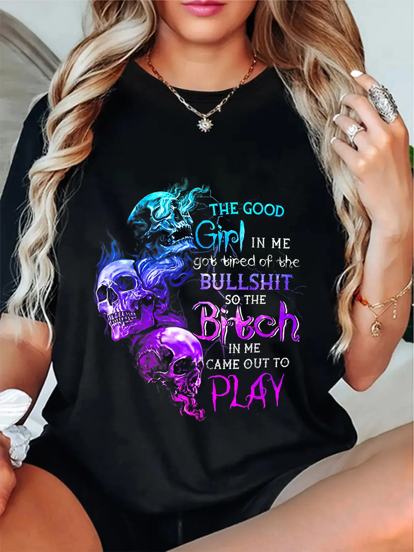 Women's 100% Cotton Round Neck Streetwear T-Shirt - "The Good Girl In Me Got Tired Of The Bullshit" Skull Rose Graphic Top, Vintage, Everyday, Tshirt, Casual, Lady, Bold Statement Tee, Fun Pick For Parties And Meetups, Playful