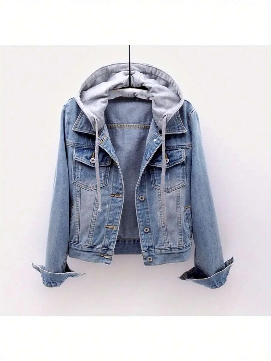 SUGAR BABE - Women's Casual Detachable Hooded Cropped Denim Jacket, Long Sleeve Short Jean Coat Outerwear For Spring, Autumn & Daily Wear