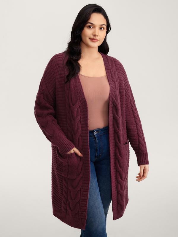 BLOOMCHIC Textured Super Stretchy Pockets Knit Cardigan - Long Sleeve Kimono Collar Winter Cardigan for Women, Loose Fit Knitwear with Drop Shoulder Sleeves and Cable Knit Texture Knitting Womenswear