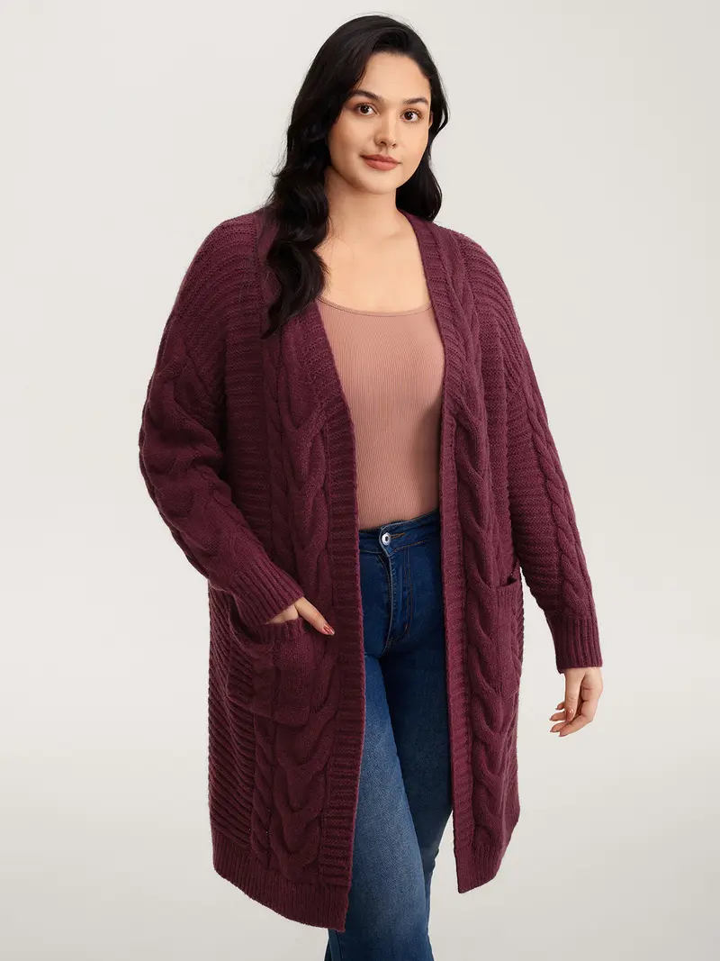BLOOMCHIC Textured Super Stretchy Pockets Knit Cardigan - Long Sleeve Kimono Collar Winter Cardigan for Women, Loose Fit Knitwear with Drop Shoulder Sleeves and Cable Knit Texture Knitting Womenswear