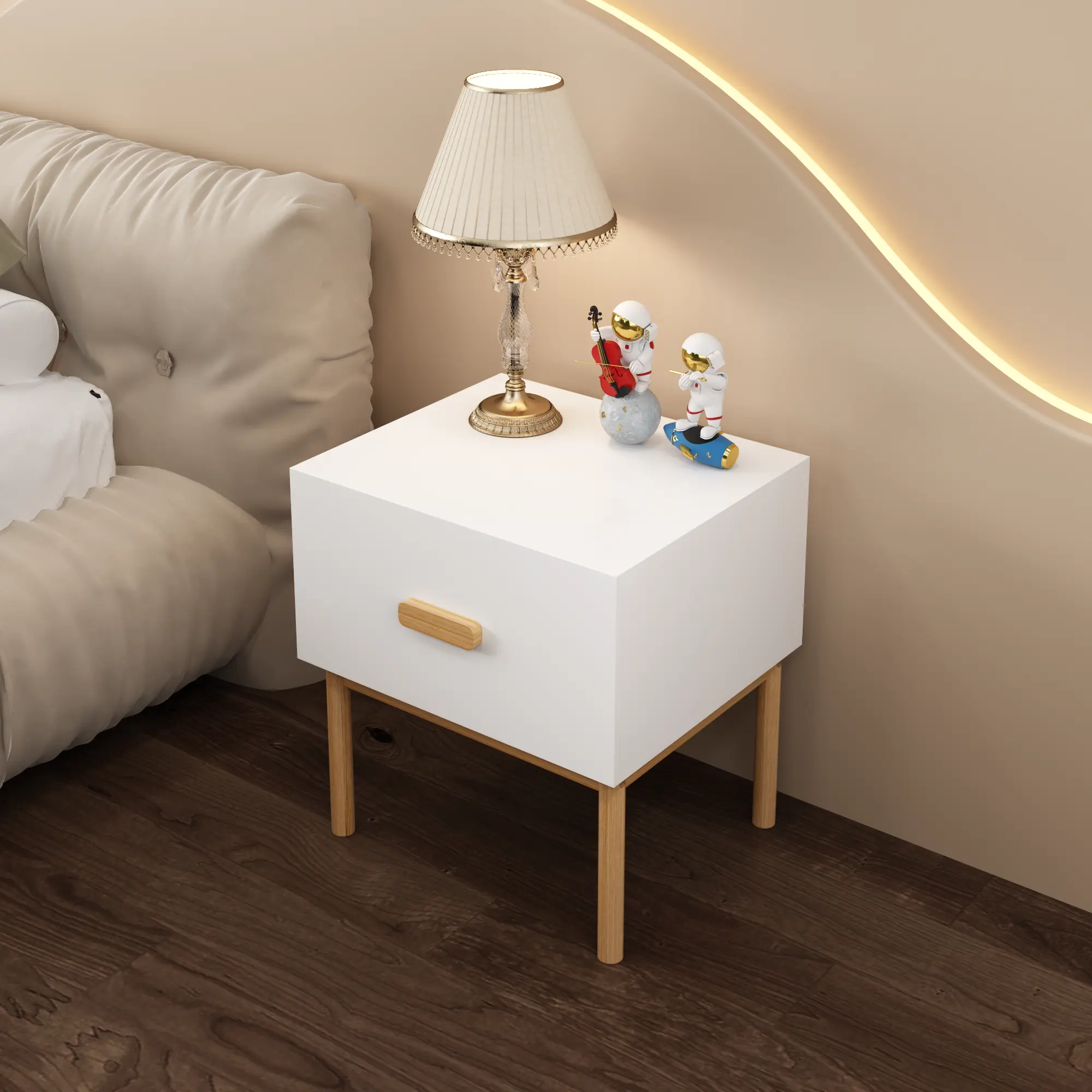 Modern White Nightstand with Drawer & Wood Legs, Minimalist Bedside Table with Solid Wood Handle for Bedroom Living Room Apartment, Compact Side Cabinet 21.3"W White