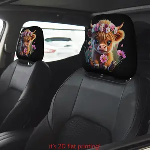 2pcs Set of Two Cartoon-Style Highland Cow Print Car Head Pillow Covers | Designed Without Filling for Easy Installation And Washing | Ideal for Travel, Everyday Commuting | Car Accessories