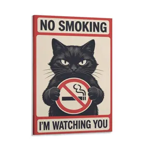 no smokin' sign1，Funny Black Cat No Smoking Canvas Wall Art, Vintage "I'm Watching You" Poster Print, Humorous Retro Room Decor for Bathroom or Porch, Quirky Cat Lover Gift outdoorfun