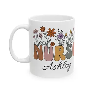 Personalized Nurse Floral Universe Ceramic Mug | Custom Gift for Her, Coffee Cup, Flower Mug, Unique Birthday Gift, Home Decor