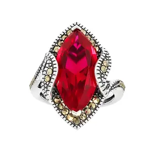 JTV Lab Created Ruby with Gray Marcasite Rhodium Over Sterling Silver Ring 8.94ctw