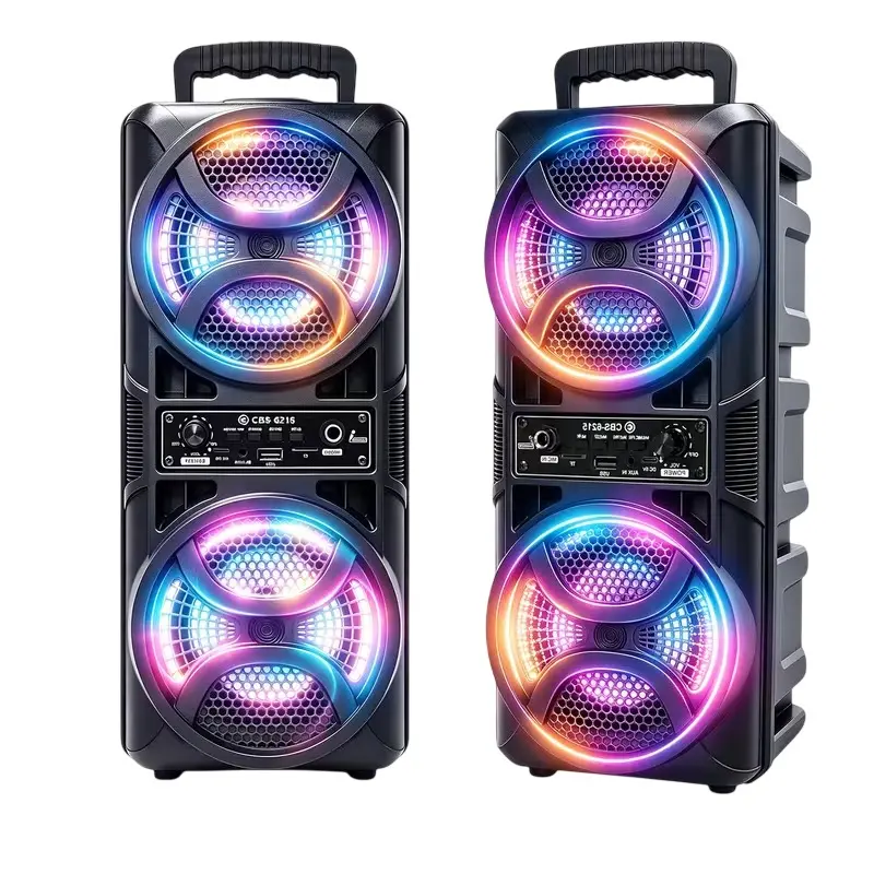 New portable wireless party speaker with heavy bass, microphone, and LED lights; supports USB, TF card, AUX, FM, TWS, microphone, and equalizer functions; suitable for music playback and playing guitar or other instruments.