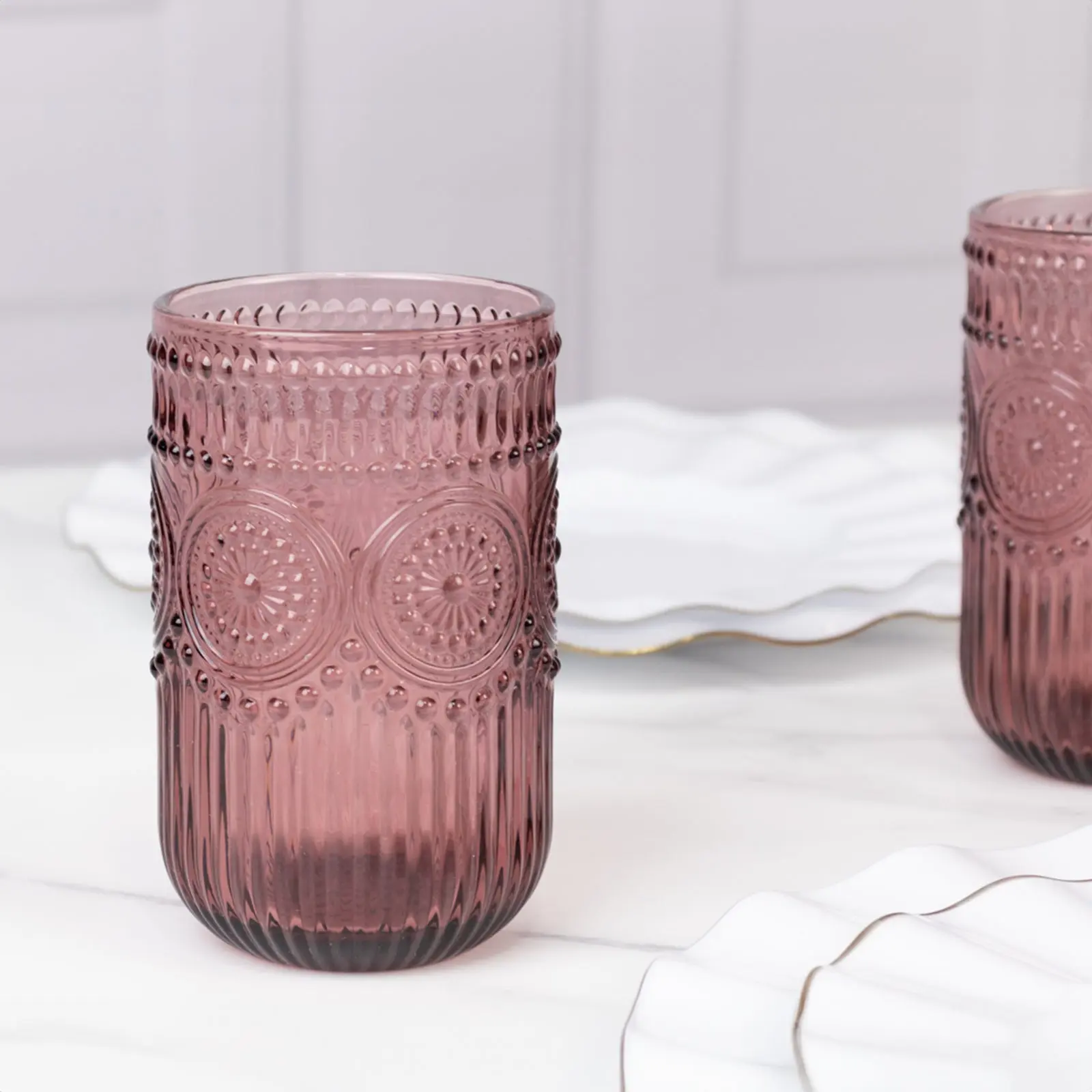6-Pack Vintage Embossed Highball Drinking Glasses 14oz - Dusty Rose Textured Floral Vintage Cup, Decorative Drinkware for Cocktails, Drinkware Must Haves