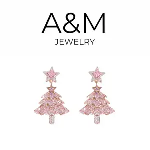 A&M Pink Christmas Tree Zircon Earrings - Festive and Elegant Women's Elegant Rhinestone Decorated Jewelry