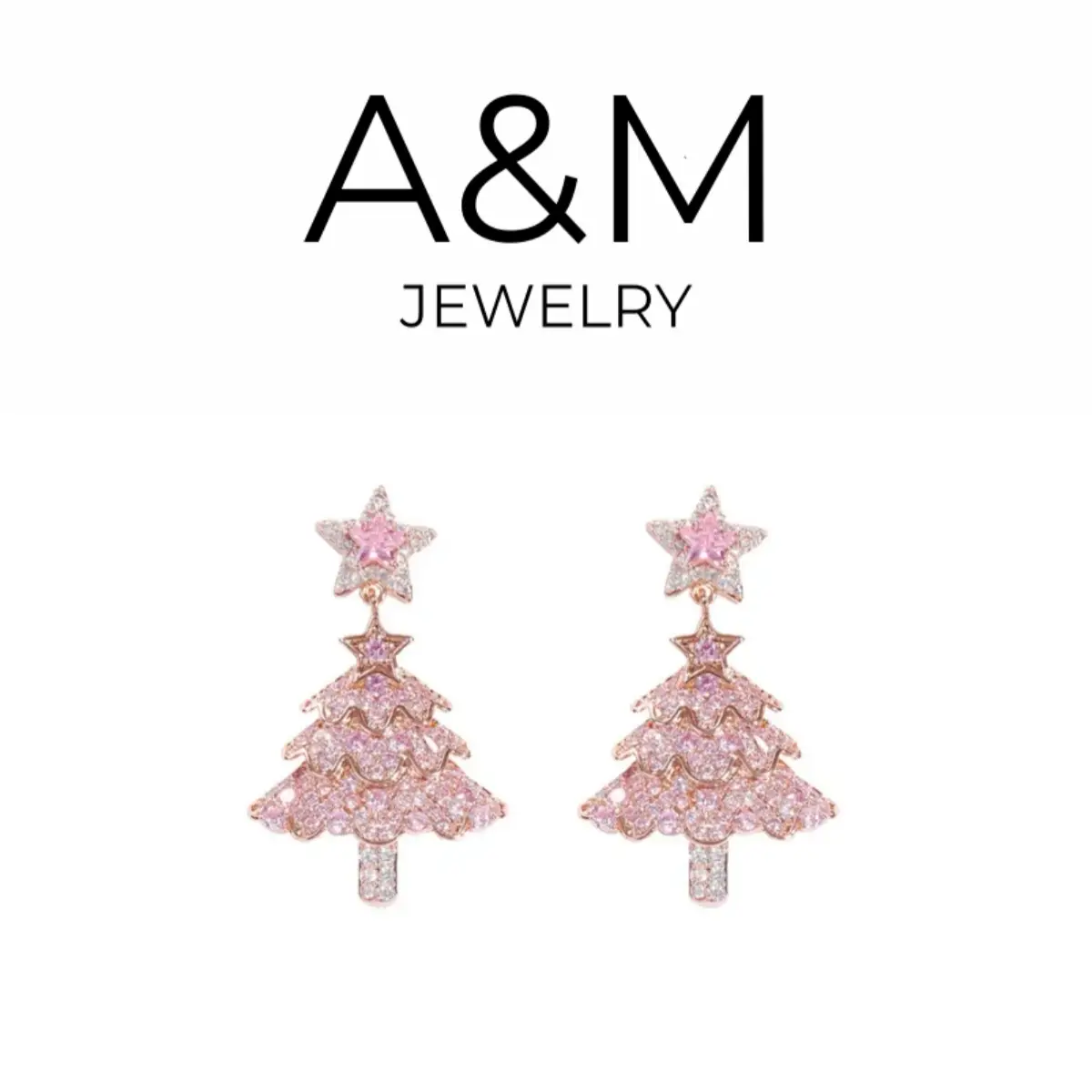A&M Pink Christmas Tree Zircon Earrings - Festive and Elegant Women's Elegant Rhinestone Decorated