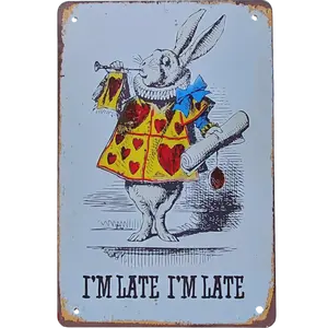 Vintage Alice's Adventures In Wonderland Metal Sign, White Rabbit Quote "I'm Late, I'm late" 12 x 8 Inch Handmade Wall Decor Minimalist Minimalist