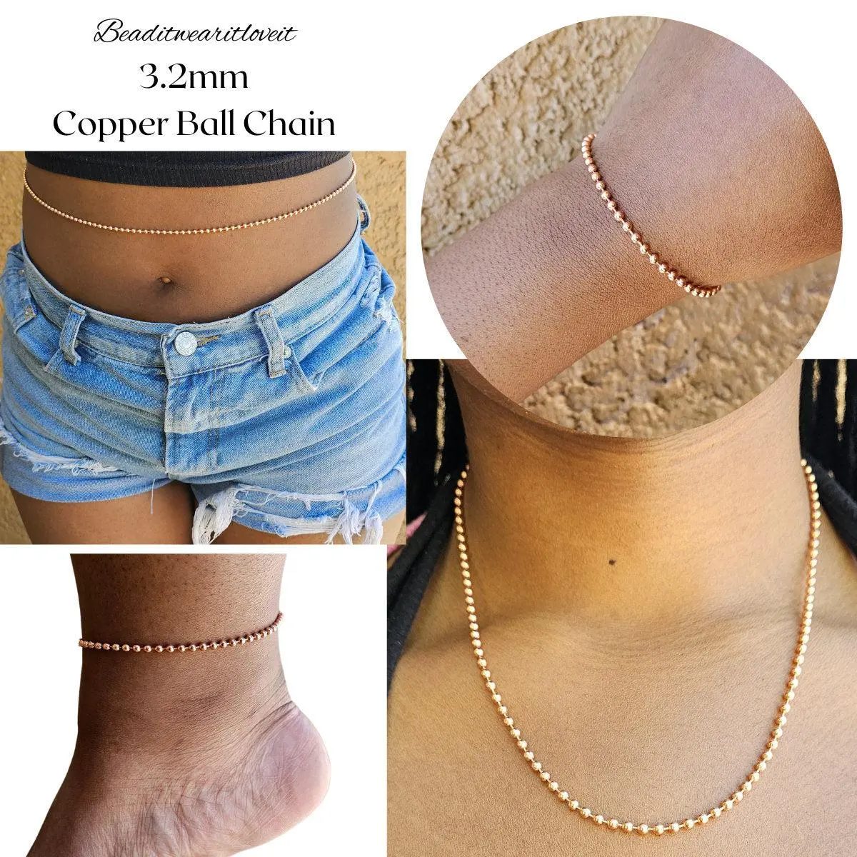 3.2mm Copper Ball Chain, Pure Copper Necklace, Belly Chain, Solid Copper Bracelet, Copper Anklet, Multiple Lengths Natural Copper Chain [Made-to-Order]