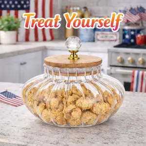 Sweet Treat Jar - Pumpkin Shaped Glass Candy Jar with Wooden Lid Large Capacity Airtight Bamboo Lid Transparent Storage for Coffee Sugar Tea Snacks Kitchen Organiser - Bottles, Ribbed