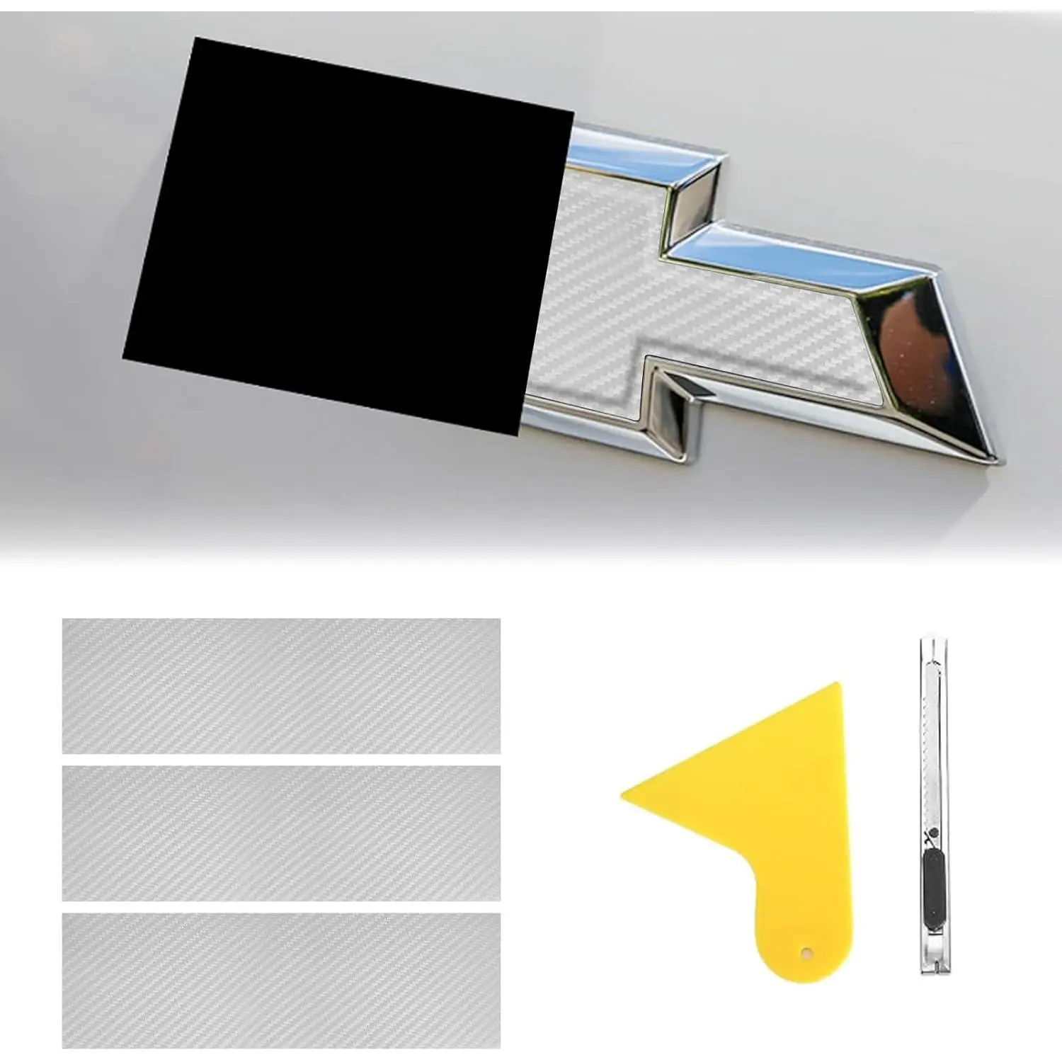 Chevy Bowtie Emblem Wrap Kit - 3-Pc 11.8"x4" Carbon Fiber Vinyl Overlay Automotive Decals with Spatula, Cutter, Detachable Repositionable Anti-Fade Car Accessories Interior Tool Set