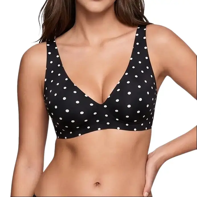 Women's Wireless Jelly Polka Dot Deep V Neck Bralette - Seamless Opaque Lingerie, Slight-Push Up, Breathable Fabric, Lightweight Second Skin Fit T-Shirt Bra, 1-Piece, Hook and Eye Back Closure, for Everyday Wear & Going Out, Black